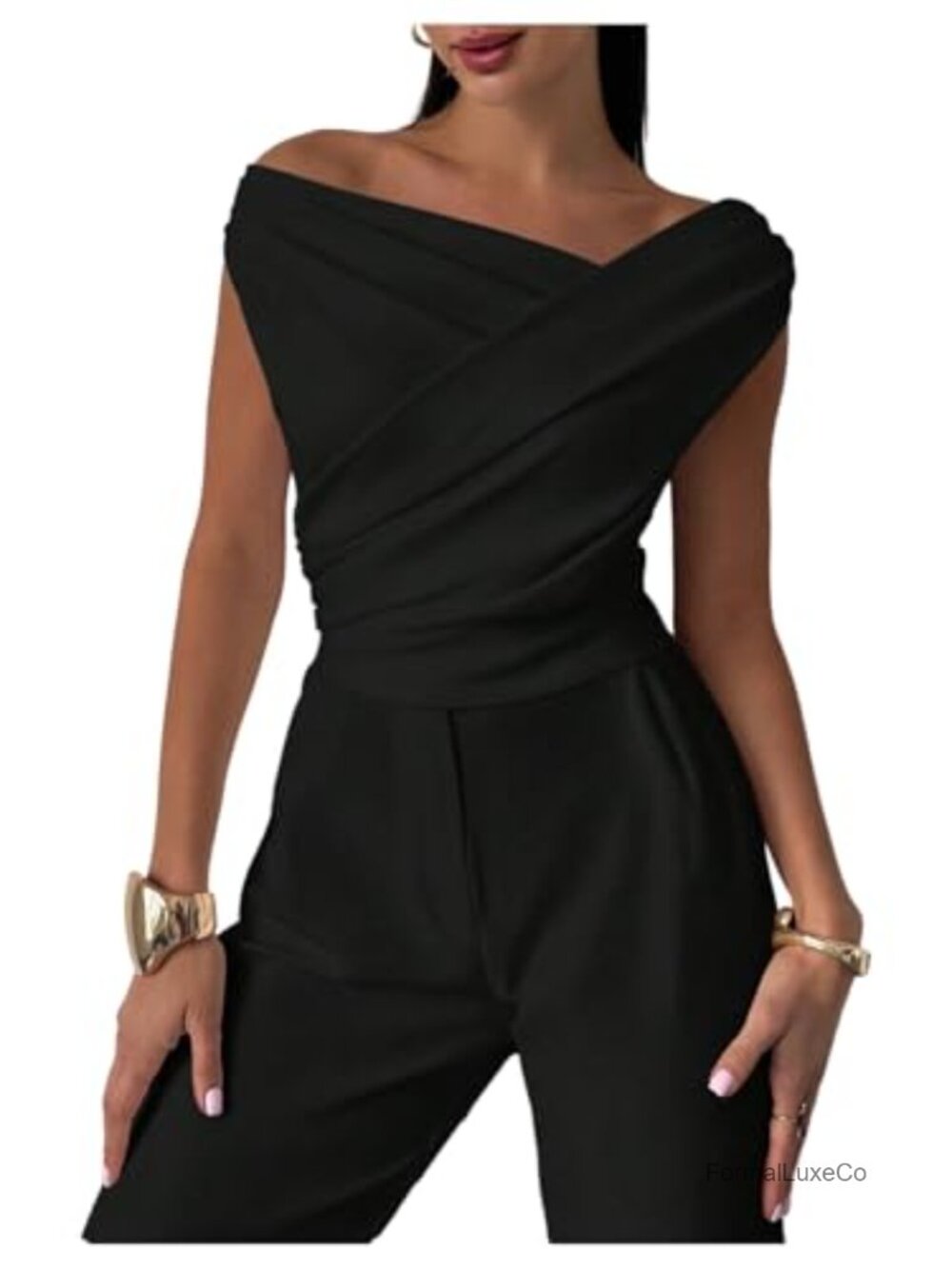 Off Shoulder Wrap Crop Top Sleeveless Blouse Stretchable Polyester Blend